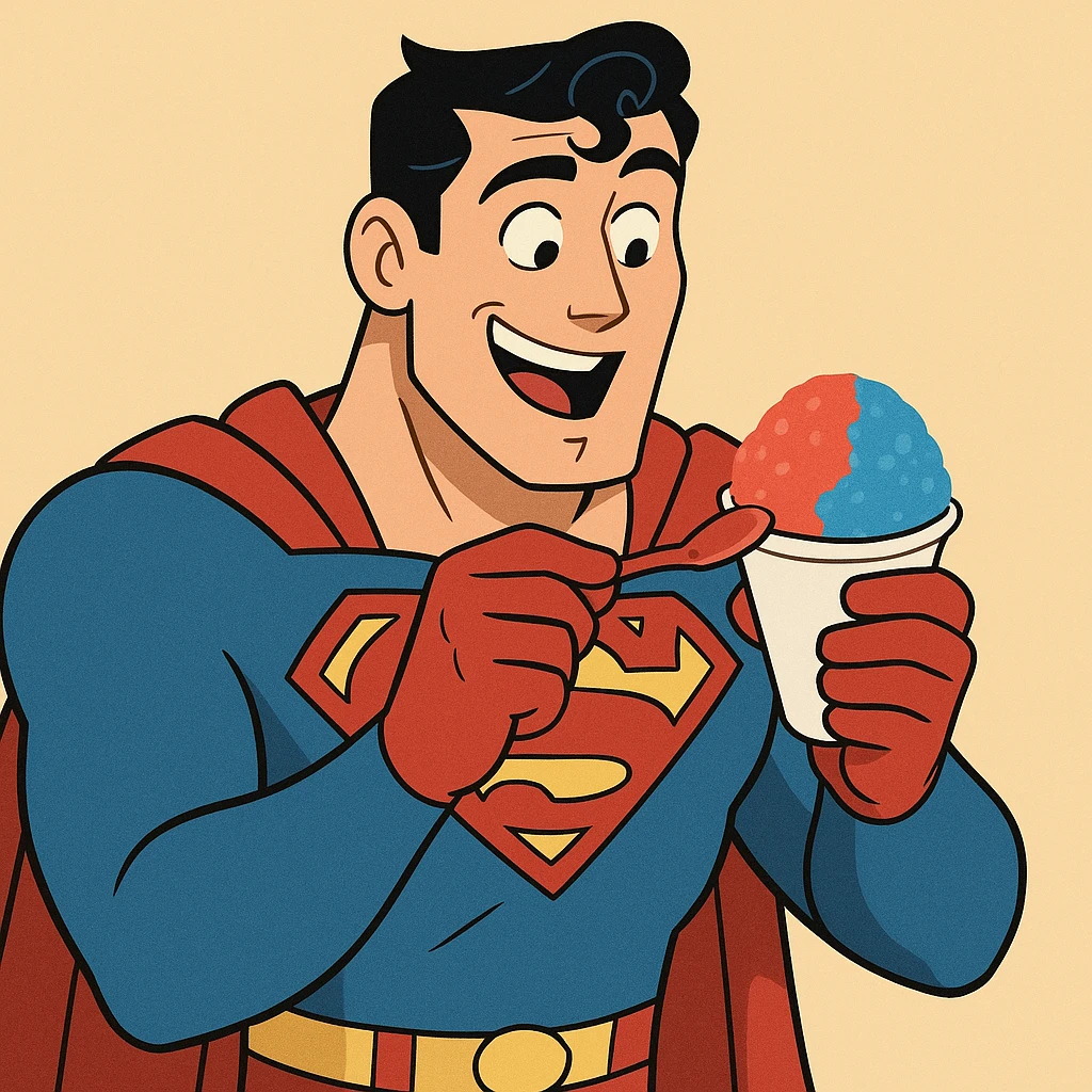 Superman enjoying a snow cone, playful expression, vibrant, comic book style emoji