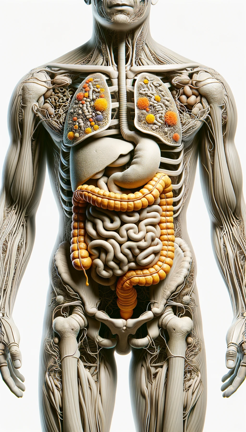 corpo umano anatomico con intestino in evidenza mentre mangia alimenti fermentati ricchi di microrganismi probiotici, iperrealistico 4k, isolato su sfondo bianco emoji