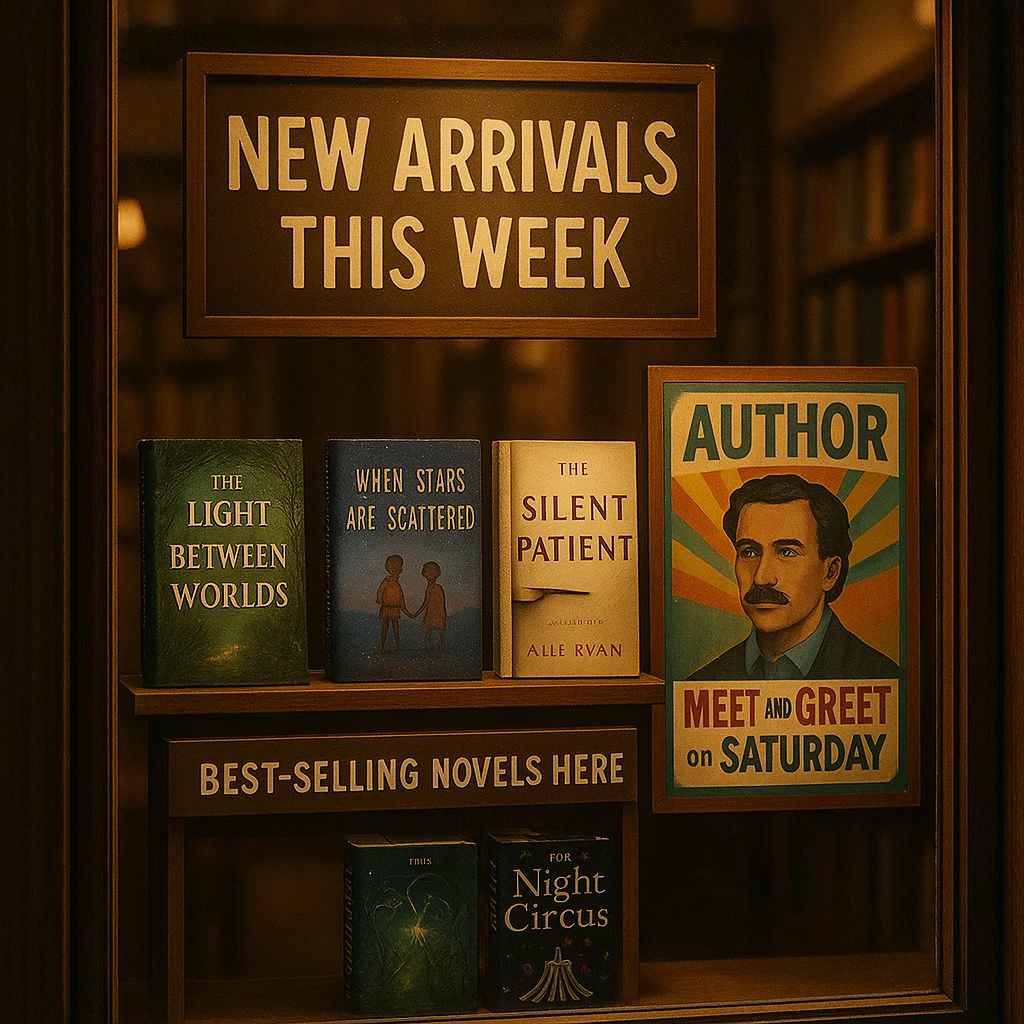 Bookstore window display. A sign displays “New Arrivals This Week”. Below, a shelf tag with the text “Best-Selling Novels Here”. To the side, a colorful poster advertises “Author Meet And Greet on Saturday” with a central portrait of the author. There are four books on the bookshelf, namely “The light between worlds” “When stars are scattered” “The slient patient” “The night circus” emoji