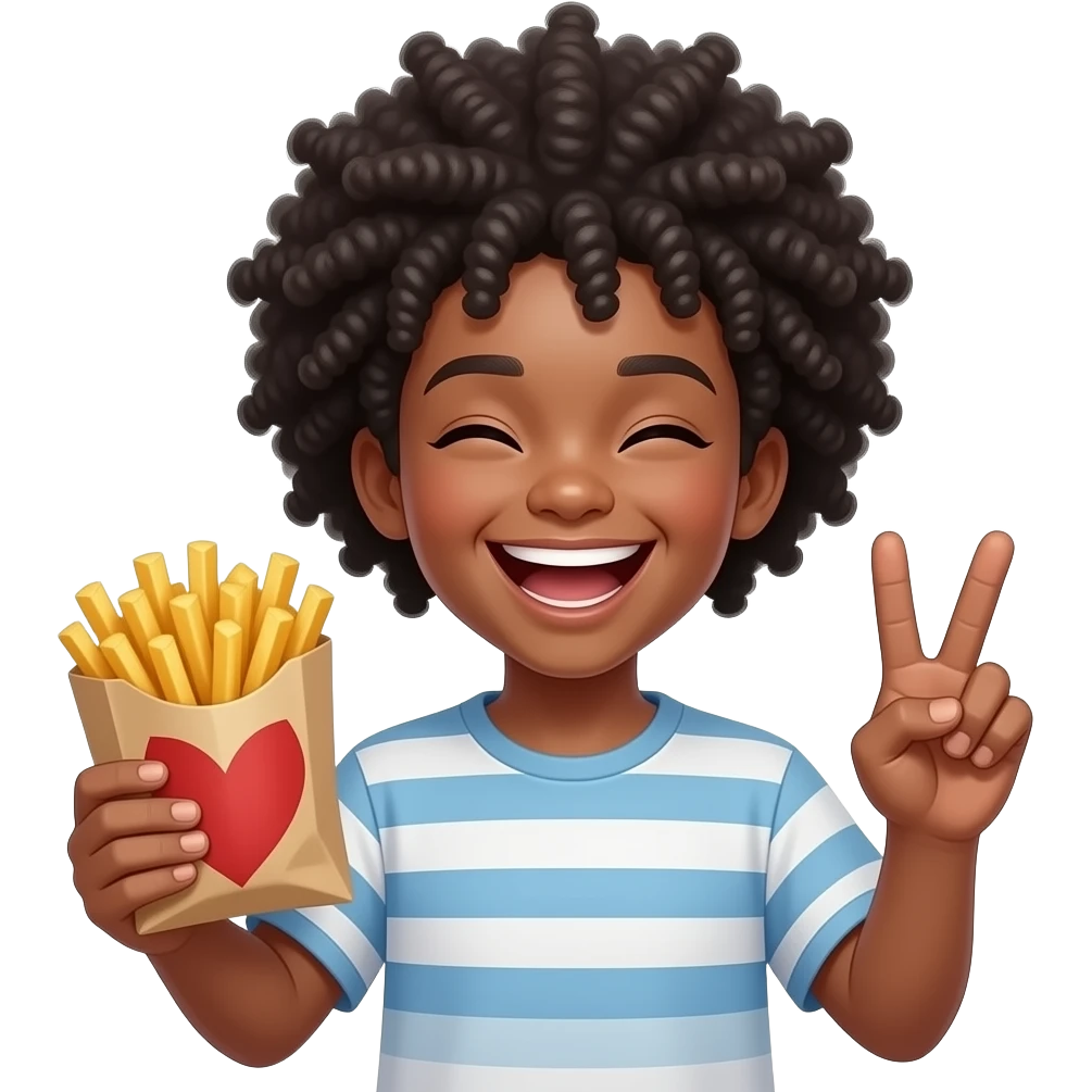 Black apple emoji teen with Afro laughing while holding the fries in the bag while holding peace sig emoji