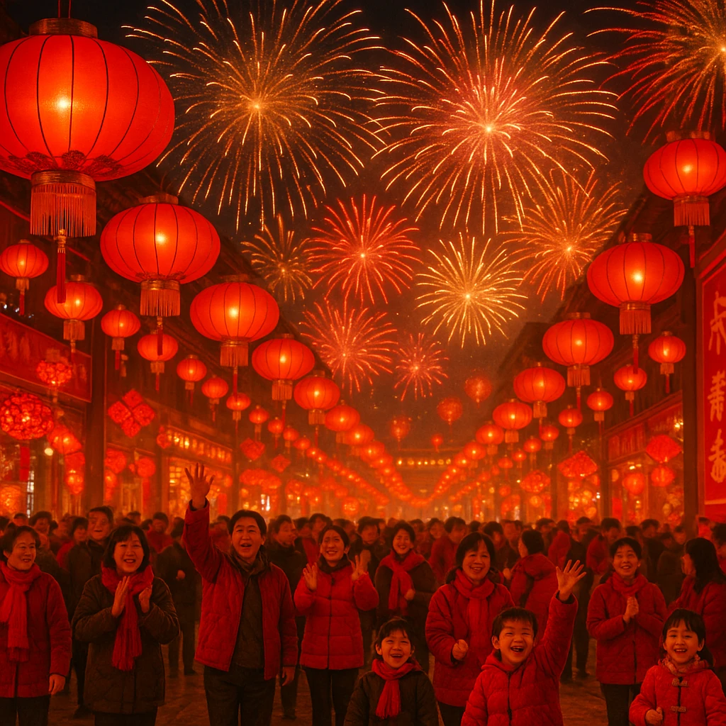 Chinese New Year scene with red lanterns and fireworks, festive atmosphere emoji