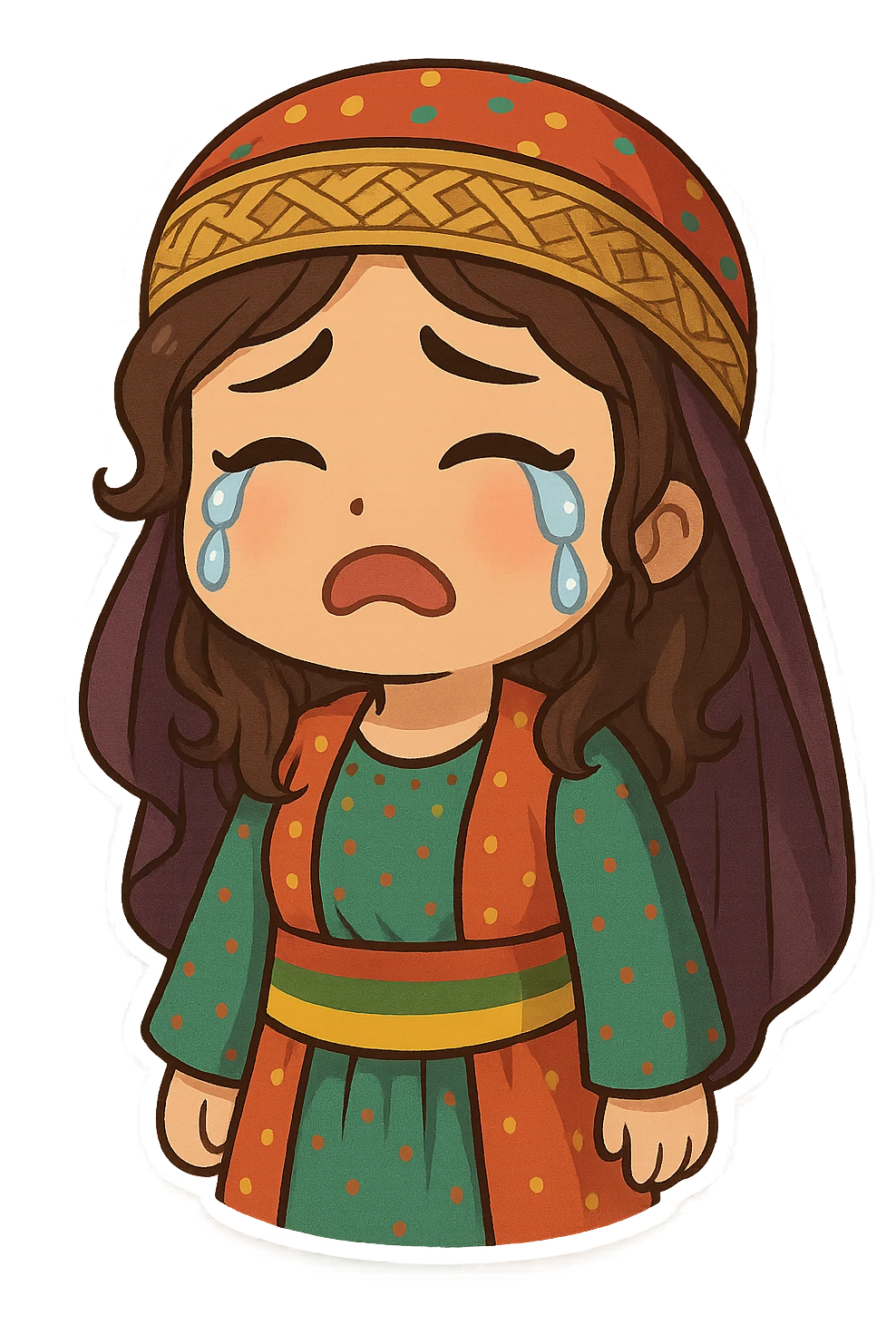 Cartoon sticker of a Kurdish woman in traditional Kurdish female clothing, colorful and cheerful style, sad face with crying expression, no text, suitable for WhatsApp and Instagram, transparent background. emoji