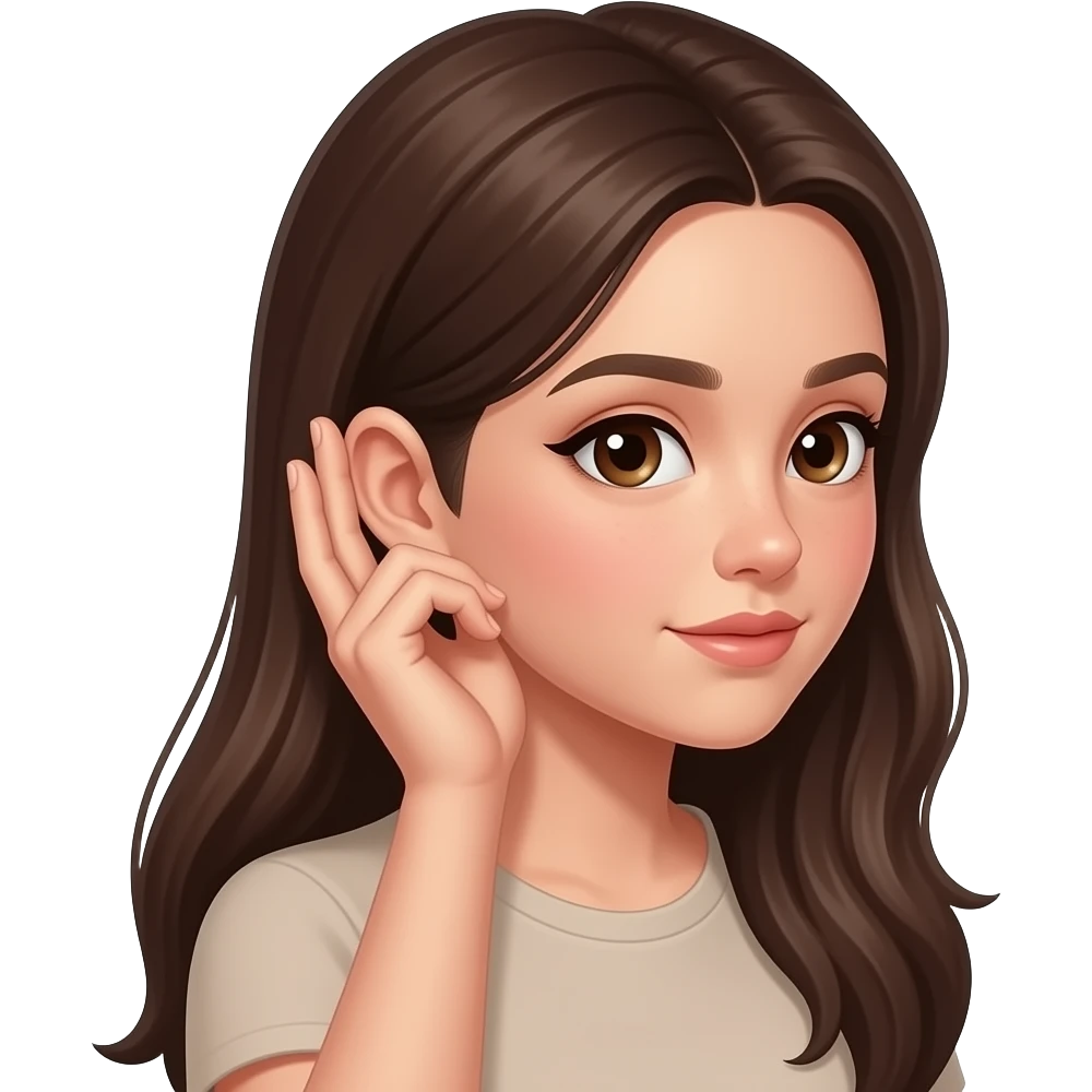 girl listening, half side view, her hand placed next to her ear (not covering it), palm slightly cupped and facing the ear as if to hear better emoji