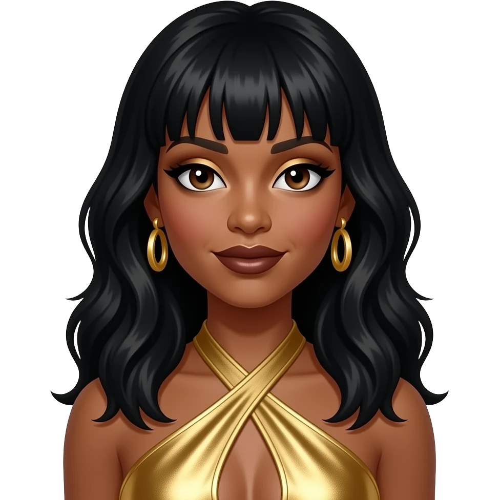 LeToya Luckett from Destiny's Child with dark brown eyes, long black 90s layered feathered bang hair, gold eyeshadow, dark brown lipstick, gold metallic halter dress, gold earrings emoji