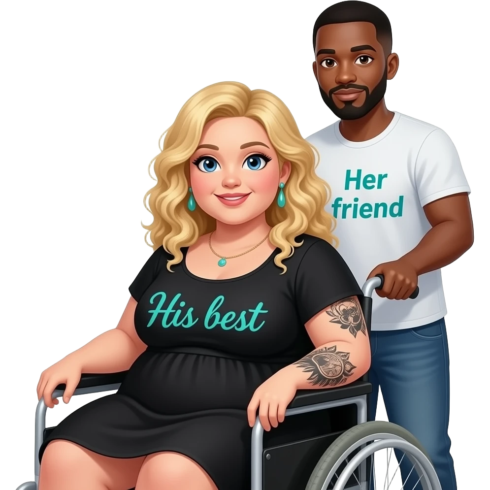 Plus Size women in wheelchair Blonde curly hair blue eyes black tattoos on right lower arm wearing a black summer dress saying “ His best” written in teal cursive  writing & African American man standing behind her with black hair with brown eyes saying “Her friend“ on his shirt emoji