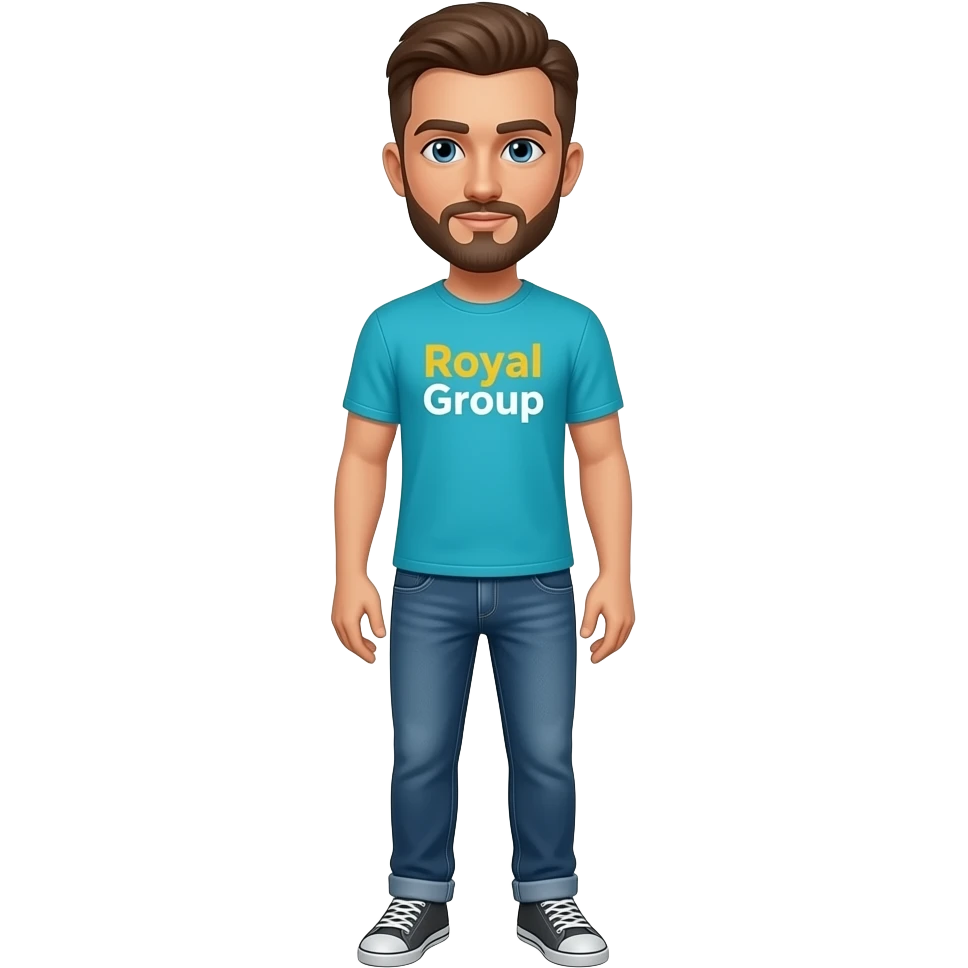 man, light to medium tone skin, buzzcut brown hair and beard, blue eyes, aqua-blue t-shirt with letters-only logo "RoyalGroup" connected words - 'Royal' in goldenrod yellow and 'Group' in white, jeans, dark gray sneakers emoji