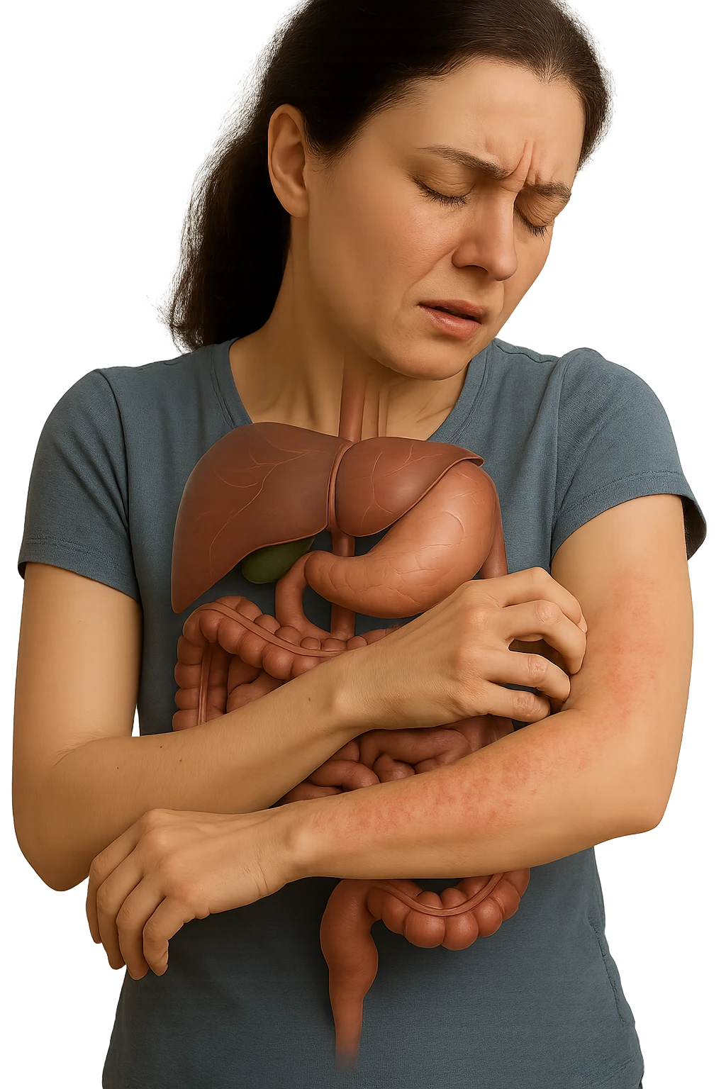 donna con intestino umano anatomico realistico che si gratta il braccio su cui ha un'eritema, iperrealistica 4k emoji