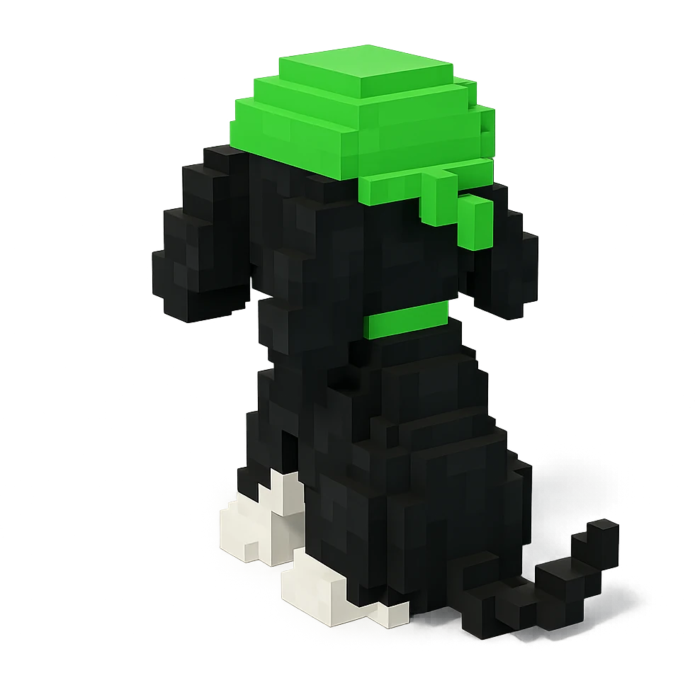 A black and white Russian Cocker Spaniel puppy wearing a green durag, facing backward emoji