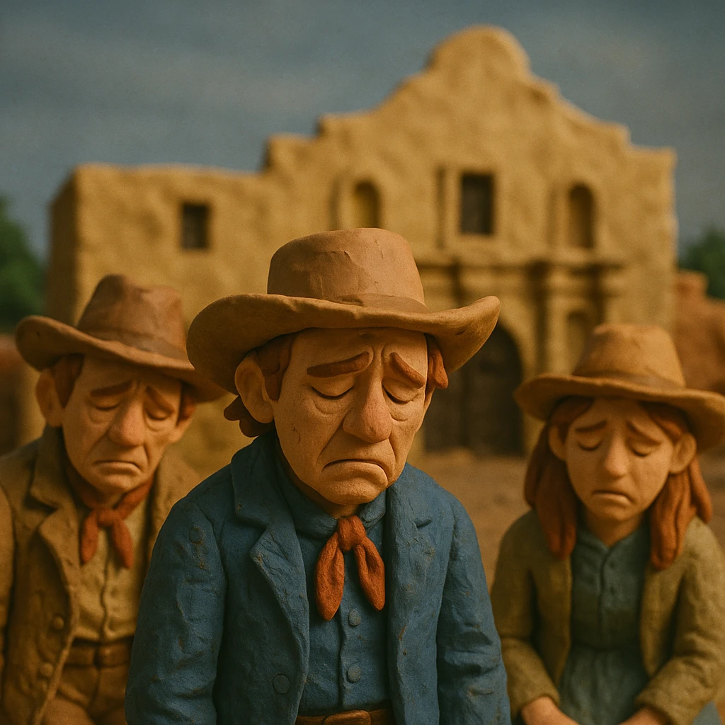 Texans looking defeated and sad, Alamo ruins behind them emoji