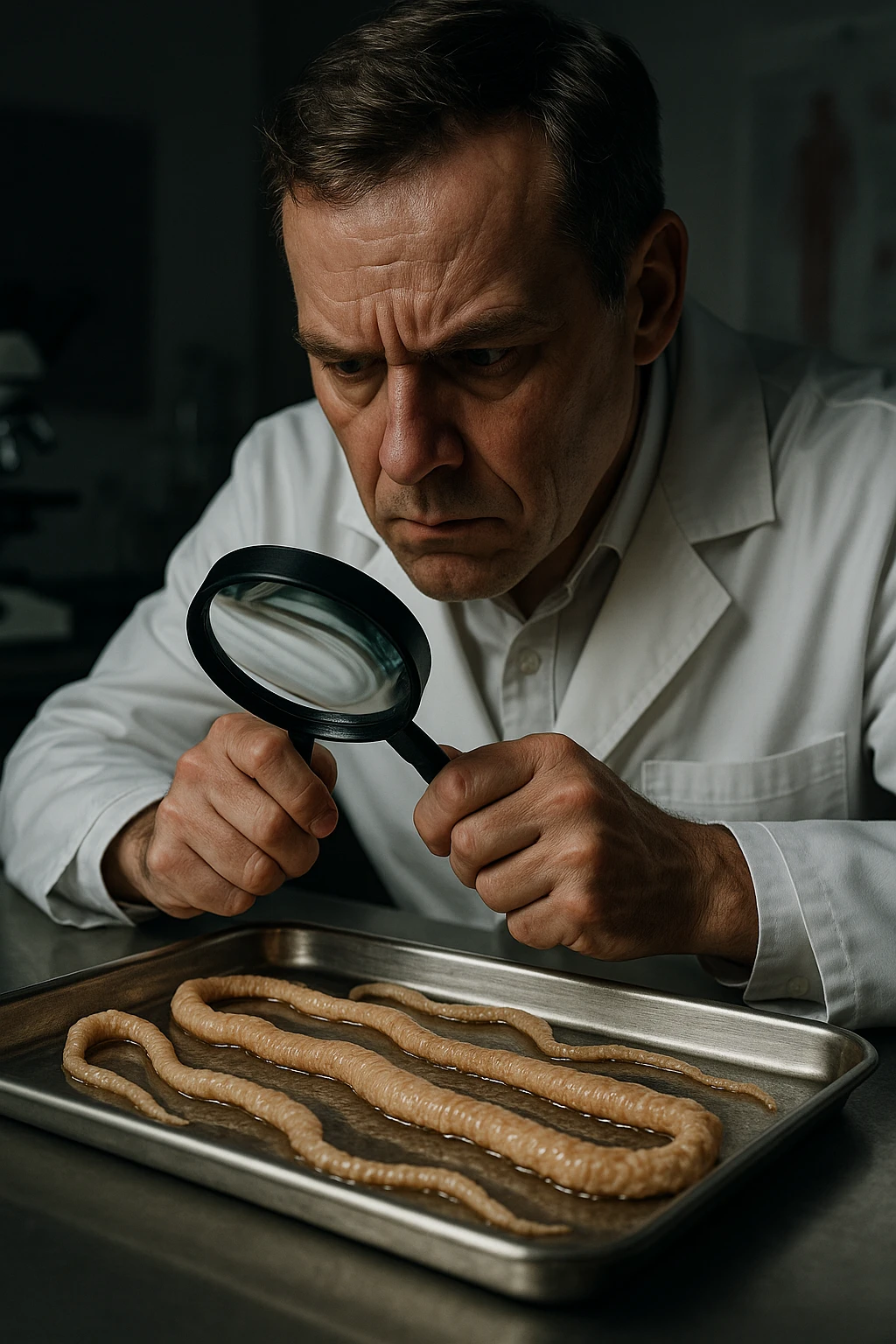 A middle-aged male kinesiologist wearing a pristine white lab coat, intensely analyzing long, beige tapeworms (like Taenia) under a magnifying glass. His expression is focused and slightly concerned, with dramatic studio lighting casting sharp shadows. The parasites are highly detailed, moist, and textured, stretched across a sterile metal tray. The background is blurred but suggests a clinical environment—hints of a microscope, medical charts, and clean lab equipment. The style is hyper-realistic, with a cinematic contrast between the bright white coat and the grotesque, organic forms of the parasites. No sci-fi elements, just raw medical realism with a disturbing edge emoji