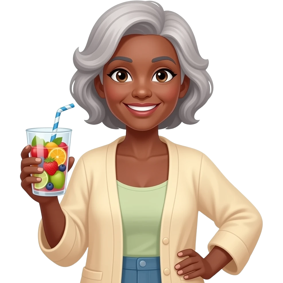 BLACK BALD WOMAN N HER 50S IN FLOWY CARDIGAN HOLDING A CUP OF FRUIT INFUSED WATER emoji
