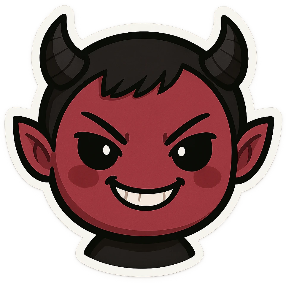 devil emoji in chibi style with gothic palette black and red, small horns, mischievous grin emoji