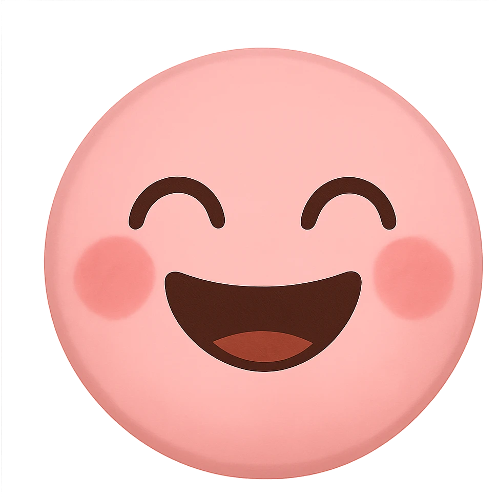 a cute pink laughing face emoji, big smile, closed eyes, blushing cheeks, joyful emoji