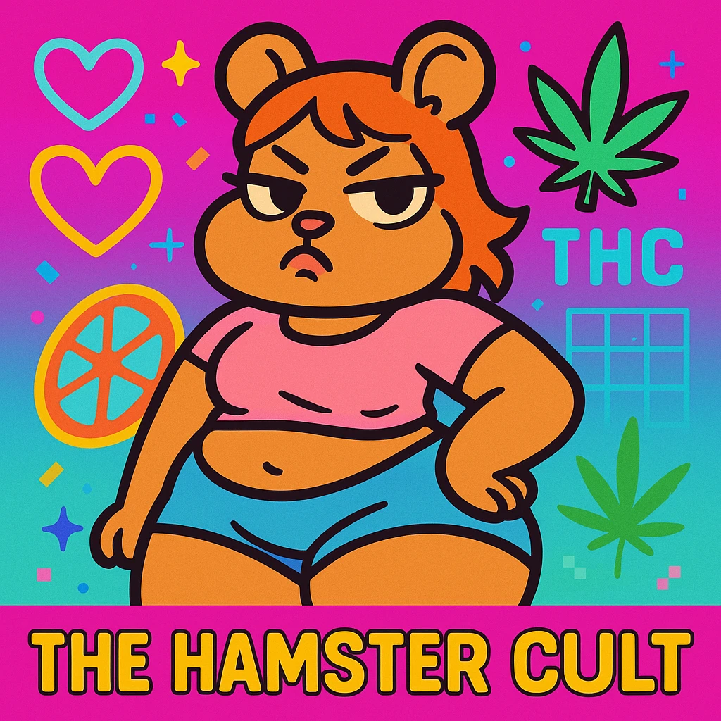 Vibrant, square Discord server icon for 'The Hamster Cult (THC)'. Central character: thick tan anthro cute hamster girl with big thighs, chubby tummy, pouty lips, and a bratty attitude, wearing a cute crop top and shorts. Colorful, vaporwave-inspired background with neon hearts, fruitger aero and webcore pixel details, weed leaf, subtle 'THC' logo. Minimal or no snacks. Playful, bratty, chaotic but polished, perfect for a Discord icon. emoji