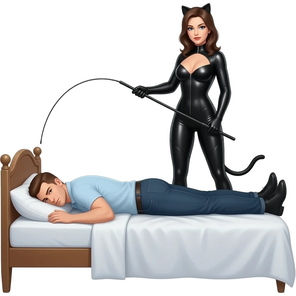 woman in a catsuit with a riding crop standing over a man laying face down on a bed emoji