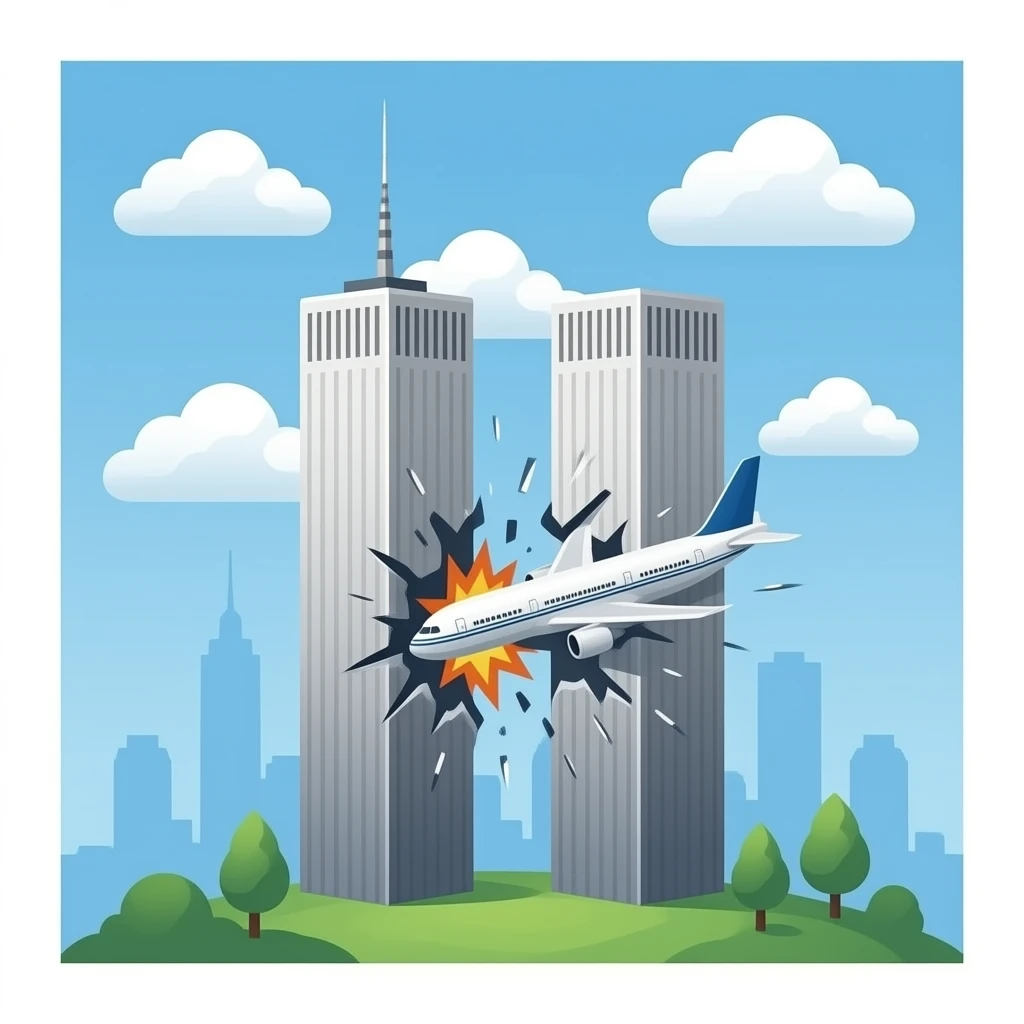 Twin towers with a plane crashing into 1 emoji