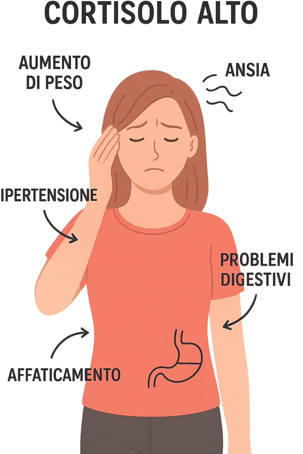 donna con Cortisolo alto con freccie che indicano. In italiano emoji