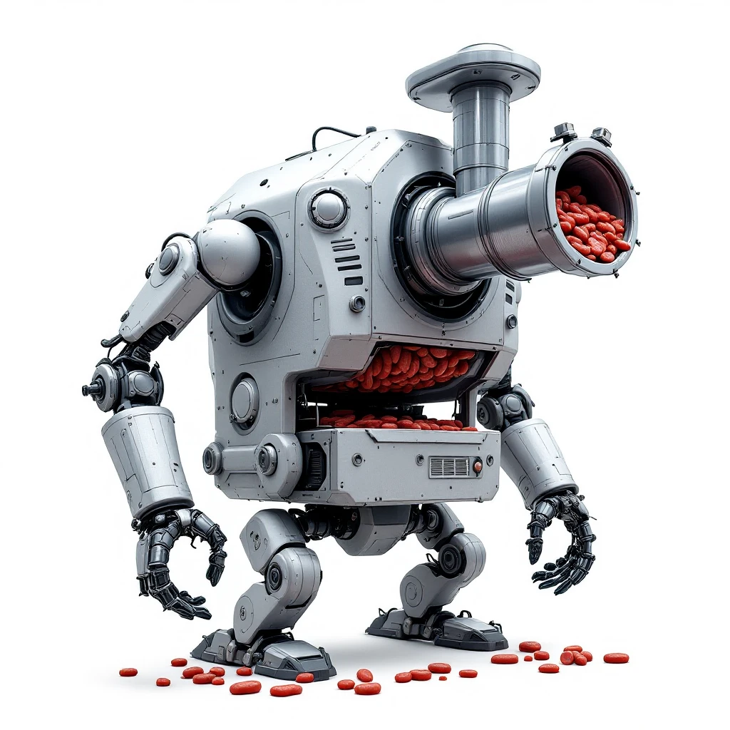 a robot that has an exposed meat grinder for a head. 2 arms that stuff meat into its spinning meat grinder and sausage links come out of the rear. The robot hovers.  emoji