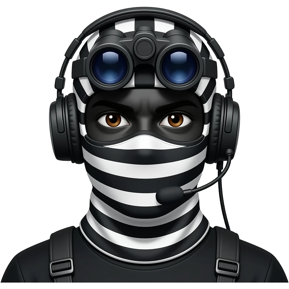 man with brown eyes wearing black clothes, face total painted black and a whiteblack balaclava and wears a headset and a big black night vision device on his headtop emoji