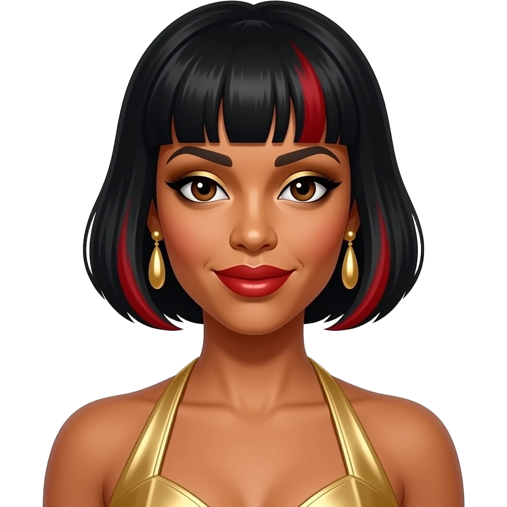 Kelly Rowland with dark brown eyes, black 60s beehive bang hair with red highlights, gold eyeshadow, red lipstick, gold metallic halter dress, gold earrings emoji
