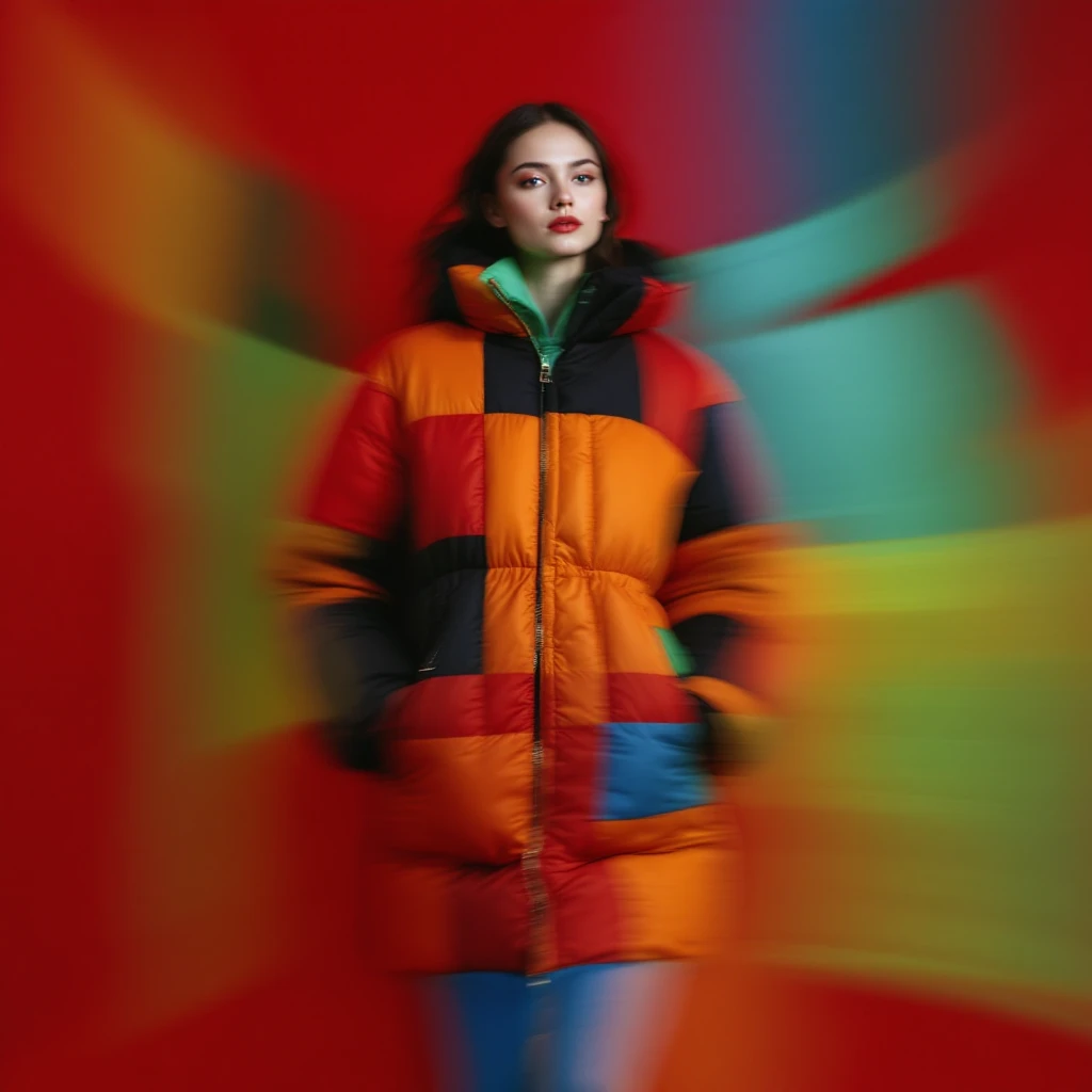 Medium shot, "Echo print effect" motion blur, Photo of a woman dress in abstract (black orange green and blue) grid puffer Louis Vuitton jacket, red solid background, express body, spot light with hard light emoji