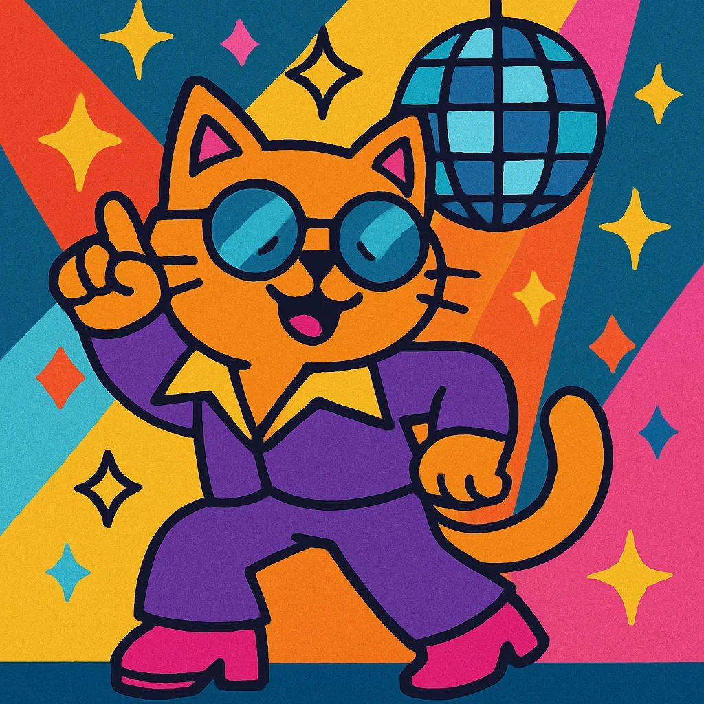 disco cat, vibrant colors, dancing, sparkles, fun atmosphere emoji