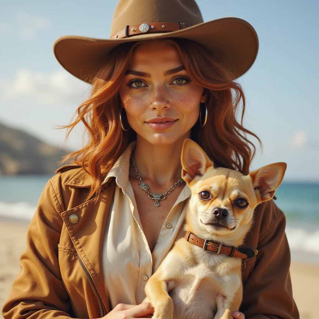 portrait of a cowgirl woman wearing a cream shirt and cognac-colored jacket, freckles, tanned skin, hazel eyes, auburn hair with highlights, holding a beige chihuahua in her arms, blurred background of Tenerife, realistic illustration style emoji