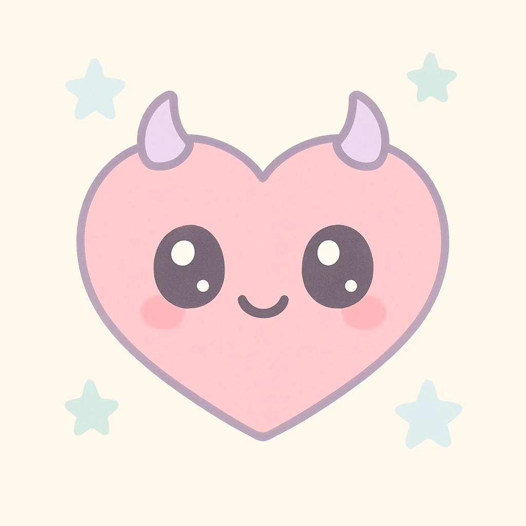 kawaii devil heart with big eyes, tiny horns, pastel background emoji
