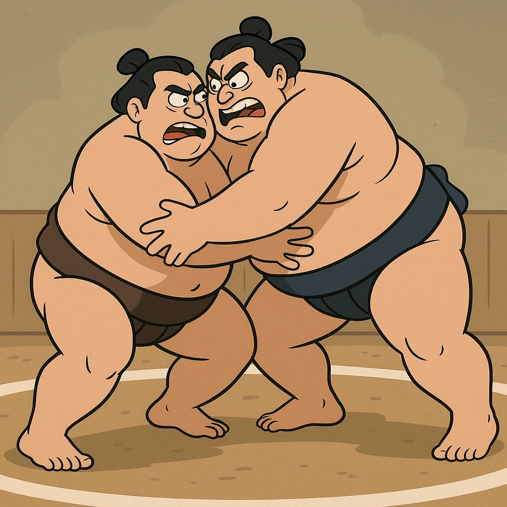 sumo wrestling match, two large men grappling, dramatic movement, stylized, cartoon style emoji