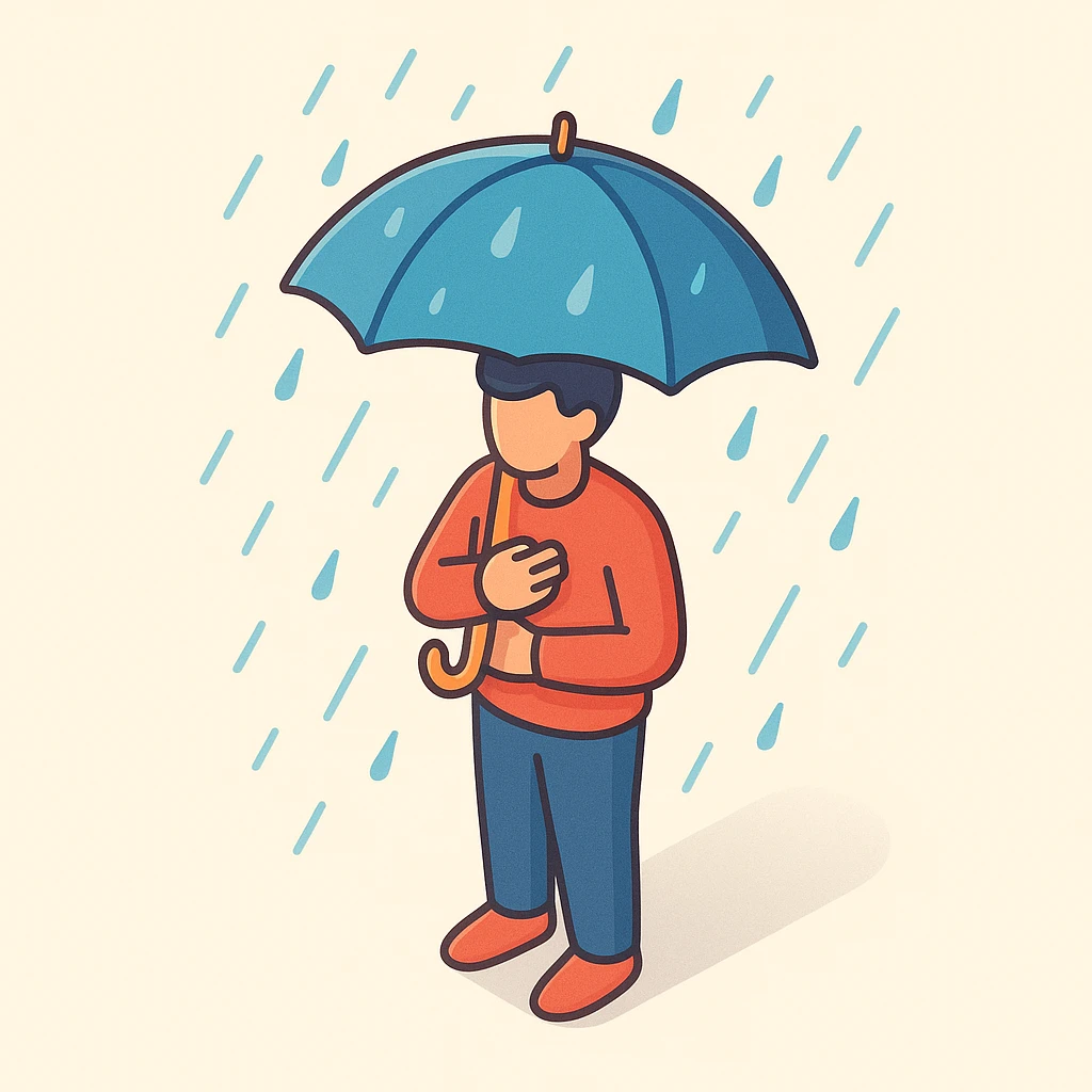 person with an umbrella protecting from rain, symbol of psychological protection and self-care, 2D isometric style, simple shape, clear shadows and highlights emoji