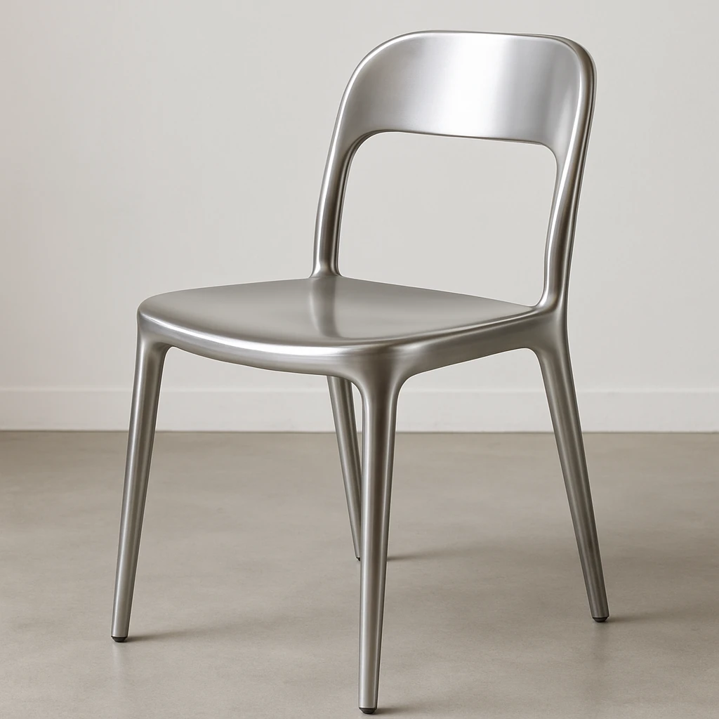 a silver dining chair, contemporary, smooth curves, reflective surface emoji