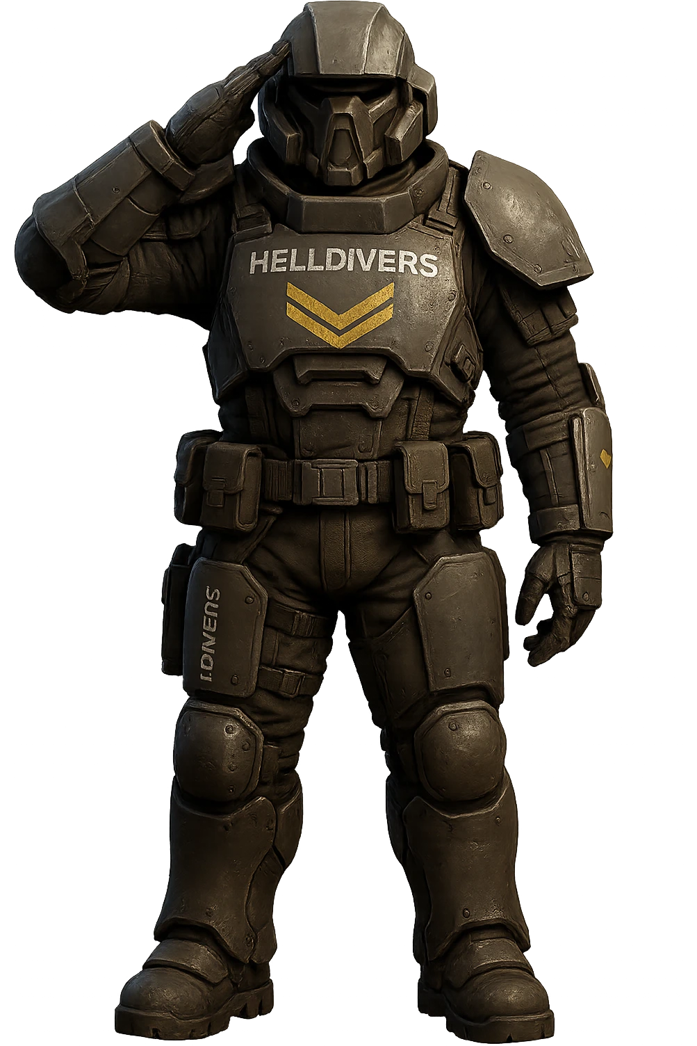 Change the armor to look exactly like a Helldiver from Helldivers 2, with accurate sci-fi details, helmet, and colors, keeping the sharp military salute, no background. The design should be faithful to the Helldivers 2 game armor style with precise details and color scheme. emoji