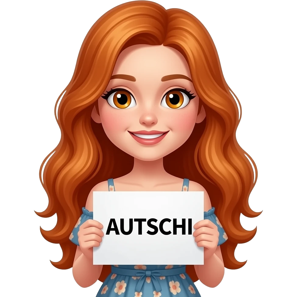 sexy girl with overlong ginger hair and ginger eyes wearing a dress holding AUTSCHI sign emoji