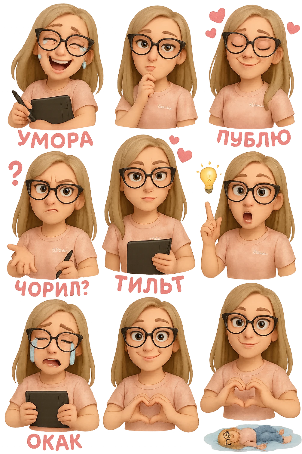 «Создай набор из 10 наклеек в стиле 3D cartoon  женского персонажа (30 лет выглядит моложе)  с прямыми светло русыми волосами ниже лопаток, светлой кожей, большими выразительными голубыми глазами, черные очки для зрения формы кошачий глаз, нос чуть с горбинкой.
Персонаж должен носить пастельную розово-бежевую тай дай футболку с вышивкой @ByUnicorn, голубые джинсы фасона мом, персонаж должен иметь разные выражения: смех до слез и подпись внизу пастельно-розовым текстом УМОРА, задумчивость, влюбленность (с сердцами вокруг головы) и надпись пастельно розовая ЛУБЛУ, злость с паром из носа и подписью внизу пастельно розовым текстом ТИЛЬТ, растерянность (со знаком вопроса) и подпись пастельно-розовым текстом ЧОРИЛ?, наличие идеи (с зажженной лампочкой), плач со слезами из глаз, удивление с открытым ртом и подписью пастельно розовым текстом ОКАК, создание сердца руками, лежит на спине раскинула руки и ноги в стороны в луже слез. Размер картинки не ограниченный, чтобы все наклейки вместились без обрезки. Стиль мультяшный  DreamWorks, мягкий свет, прозрачный фон, и добавь персонажу в руки графический планшет следи чтобы выглядело органично, красиво, не нарушая законы природы и физики, можешь добавить в другую руку перо от графического планшета, если это будет позволять смысл стикера» emoji