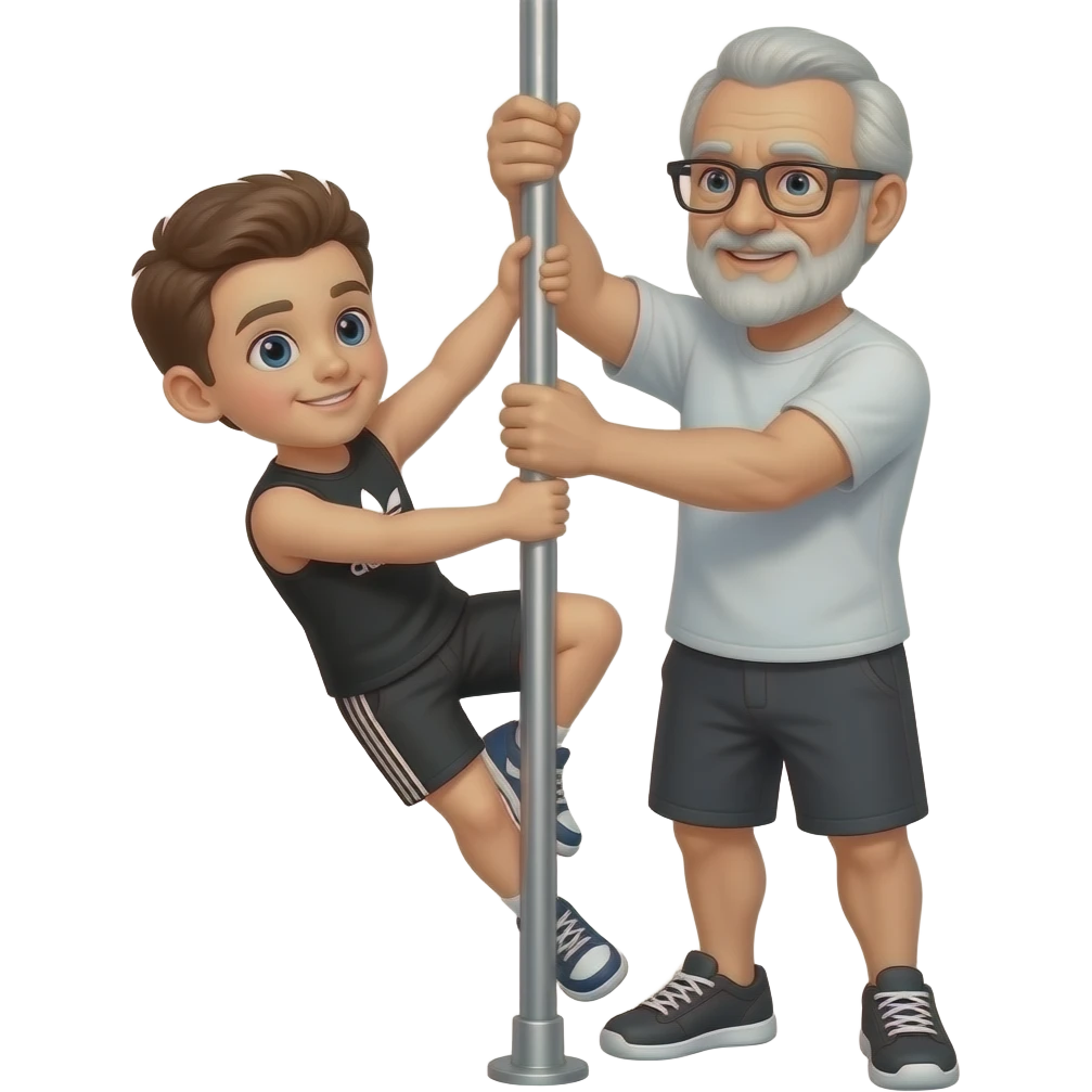 Niño y abuelo haciendo pole dance con un short negro adidas emoji