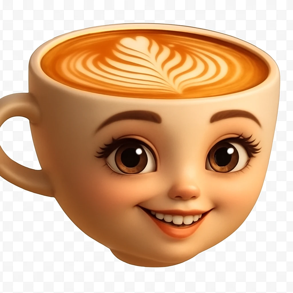 Edita la imagen para que el personaje de la taza de café  MANTENGA exactamente su estilo original,  y colores según la imagen de referencia. ELIMINA FONDO PARA QUE QUEDE TIPO EMOJI NO DBE TENER CUELLO. emoji