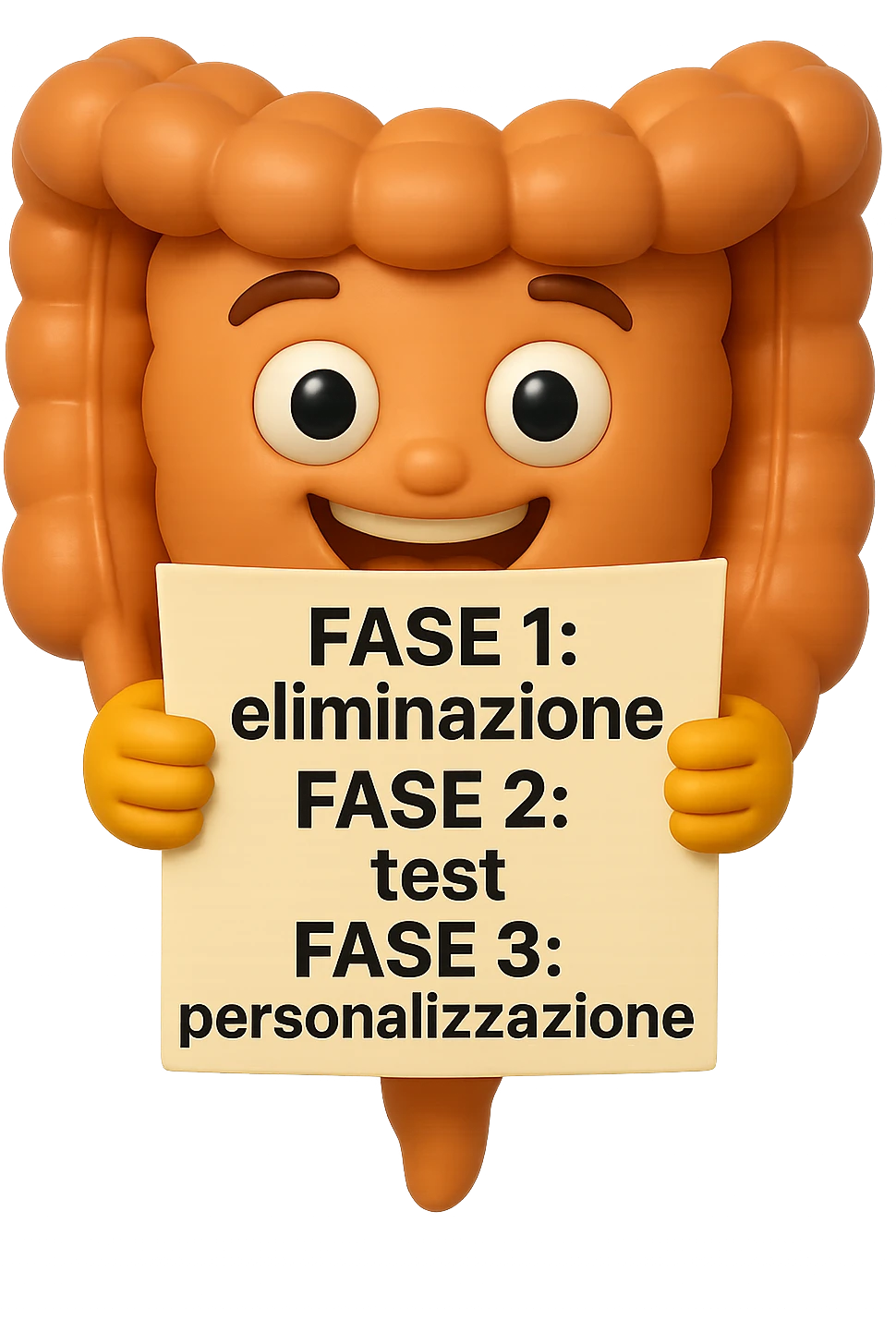 emoji stile iphone 3d di un intestino che tiene in mano un foglio con la scritta "FASE 1: eliminazione, FASE 2: test, FASE 3: personalizzazione, IPERREALISTICO 4K emoji