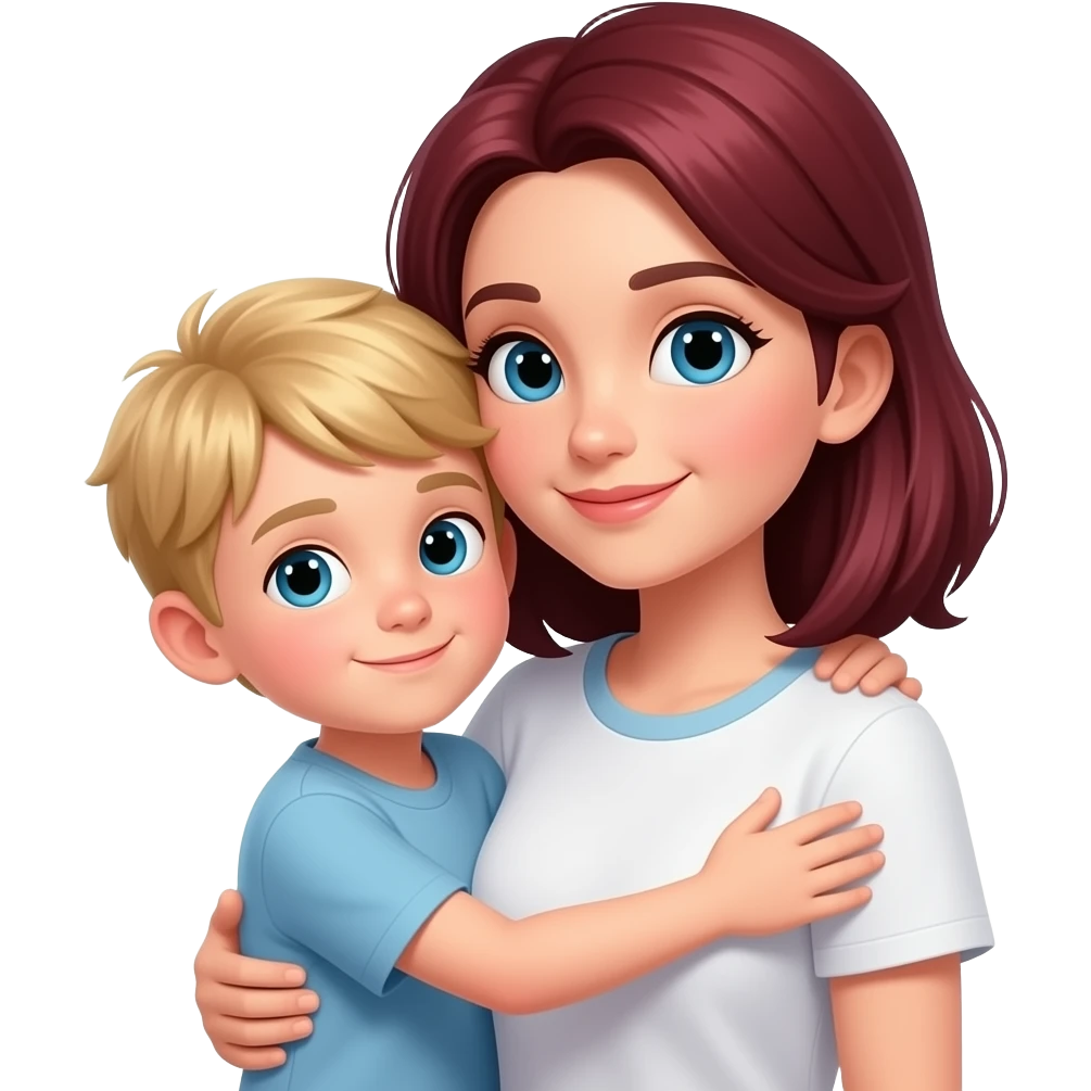 Blonde 8 year old boy hugging mom mom has dark red black hair and mom has home clothes and boy has home clothes emoji