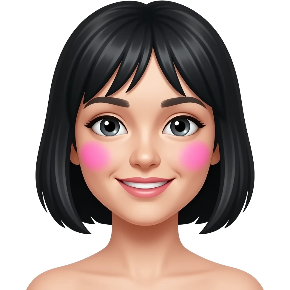 White girl with short black hair applying blush, iPhone emoji style emoji