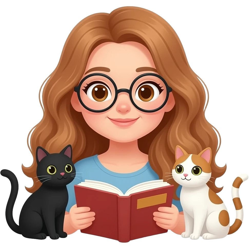 detailed emoji illustration of a curvy woman with long light brown wavy hair, light brown eyes and round glasses reading a book with two cats beside her (one black cat and one white cat with brown spots), cozy atmosphere, cute emoji style emoji