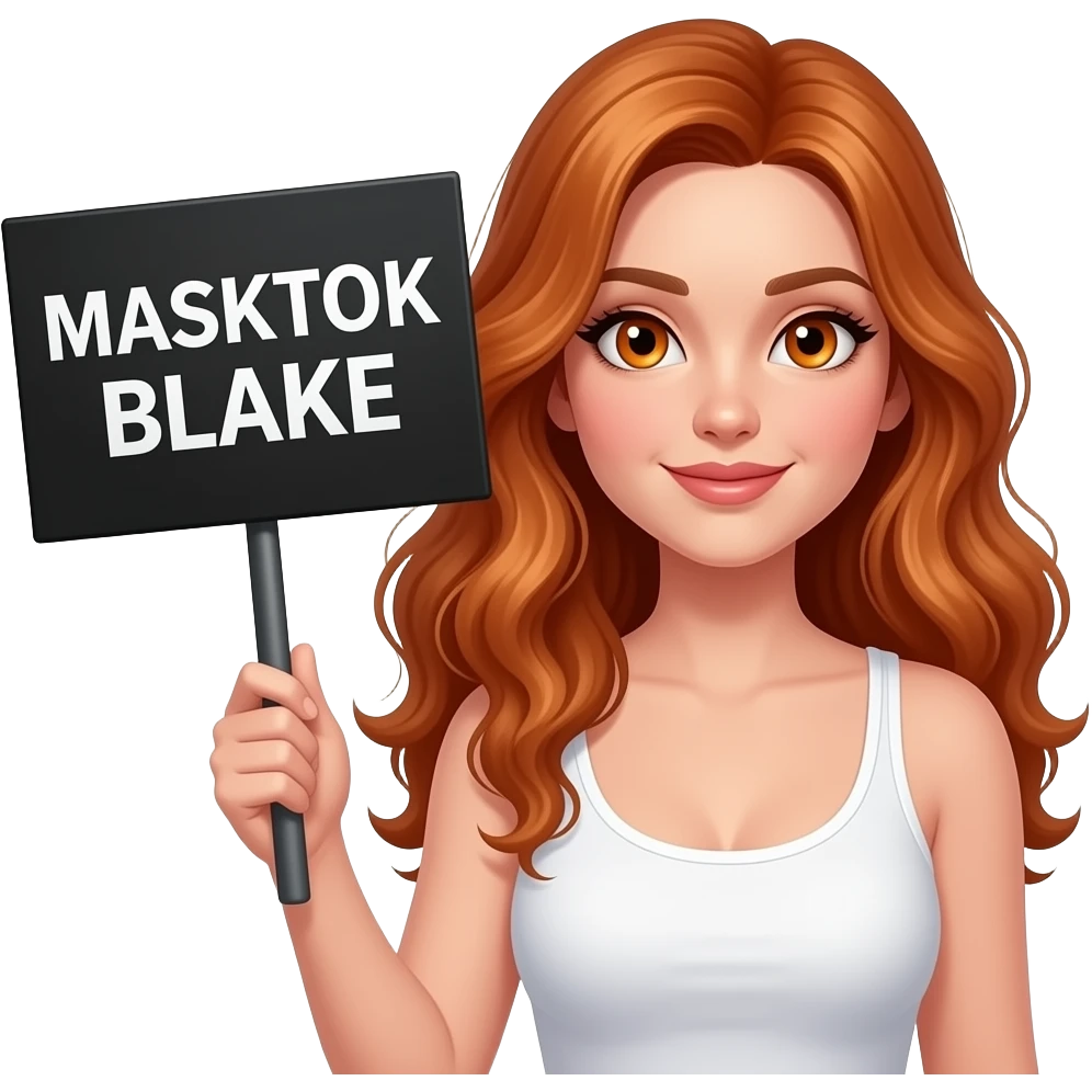 sexy girl with long wavy ginger hair and ginger eyes wearing a white tanktop is holding a black colored sign with MASKTOK BLAKE written on it emoji
