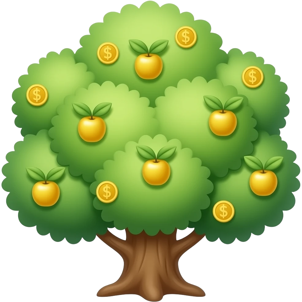 Apple-style money tree, round soft green canopy. No pot, no ground — only the tree. Small gold coins as fruits inside the leaves. Flat 3D vector, clean shapes, no gradients. emoji