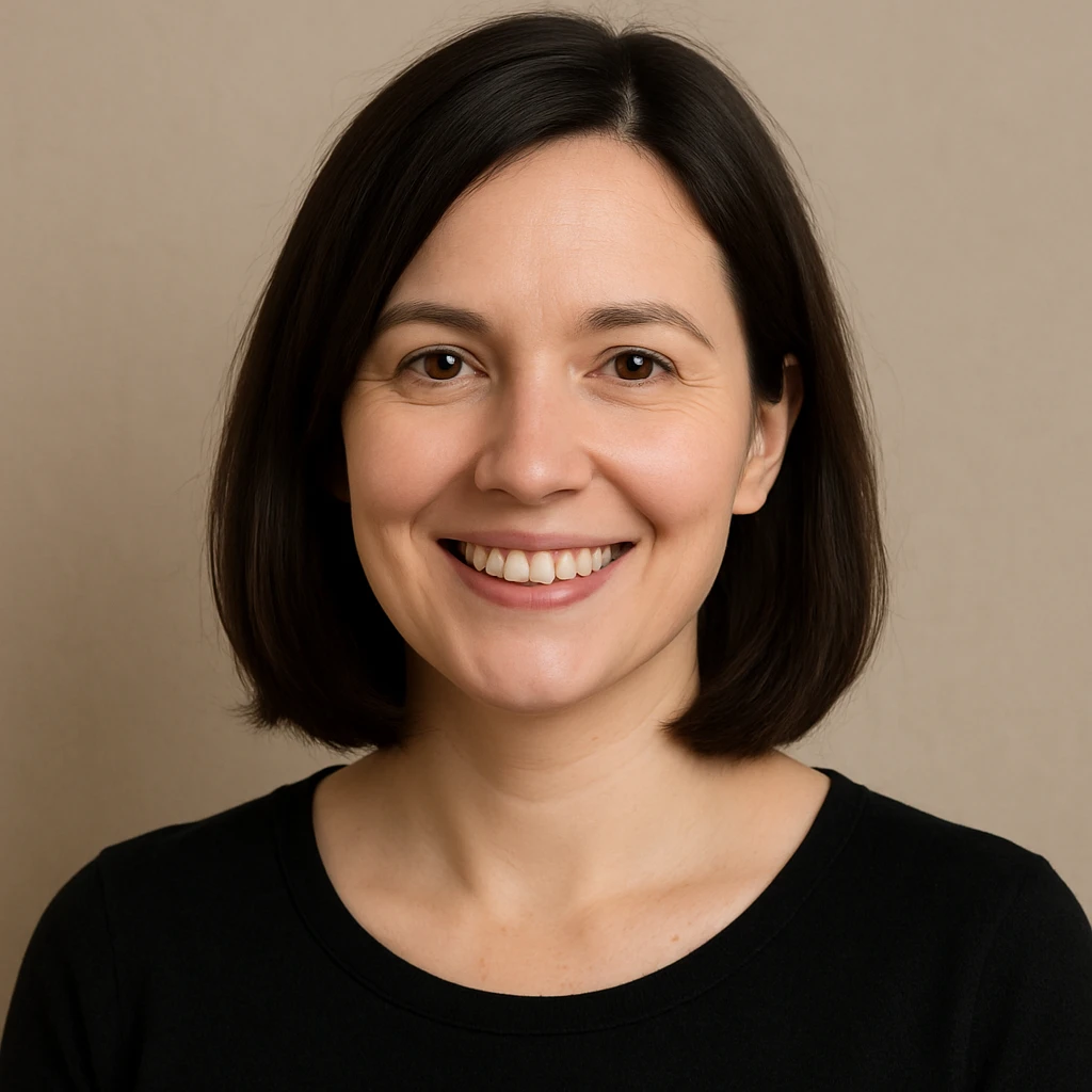 portrait of a white lady with dark brown shoulder length hair, smiling, simple background emoji