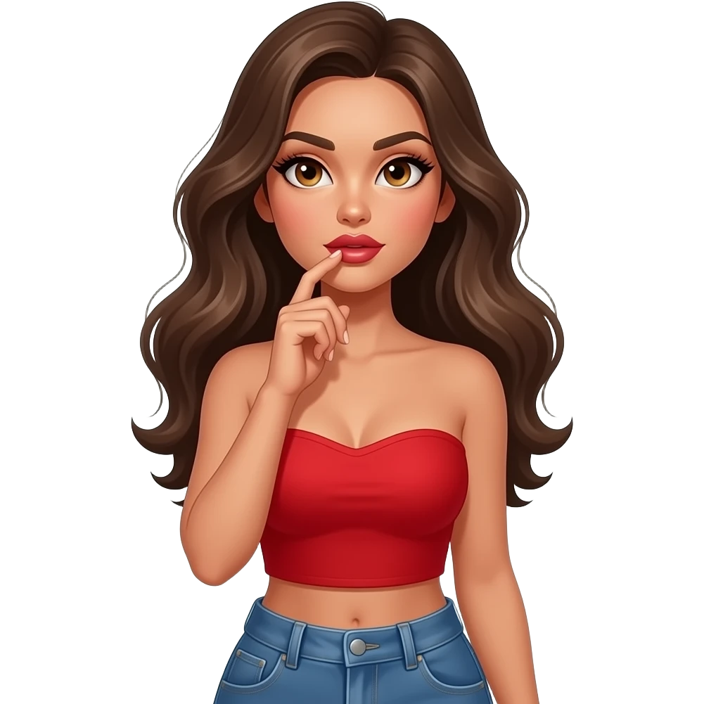 Fingers on lips and thinking looking up woman with tan glowy skin, hazel eyes almond with long lashes,, full lips, dark blonde flowing hair, delicate feminine sexy features, wearing a red crop top NO STRAPS and blue jeans, confident and femenine and glam makeup. Intense seductive look. REALISTIC emoji