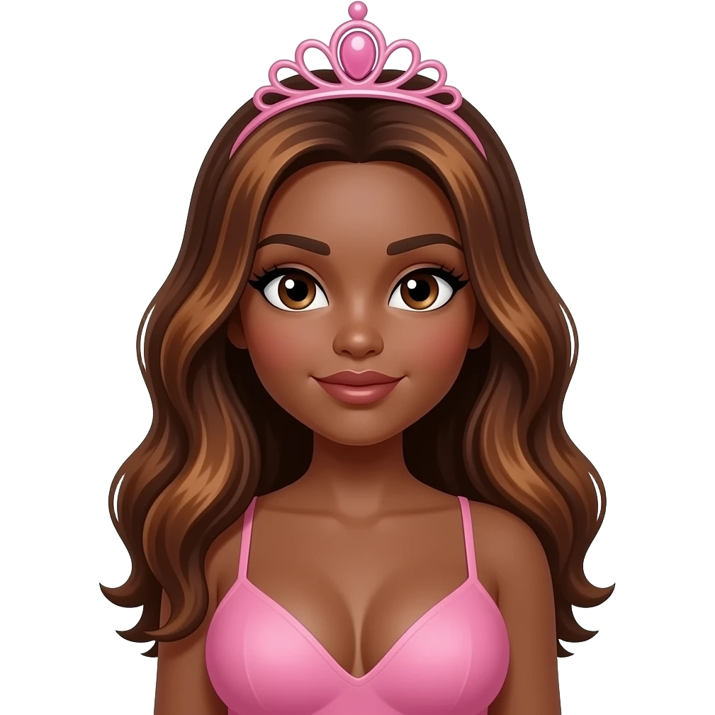 hair with pink tiara, Dark brown eyebrows,Dark brown skin, Doll shaped face, doll eyes, wavy with side part longer straightened auburn  hair with dark brown highlights, big breast no bra emoji