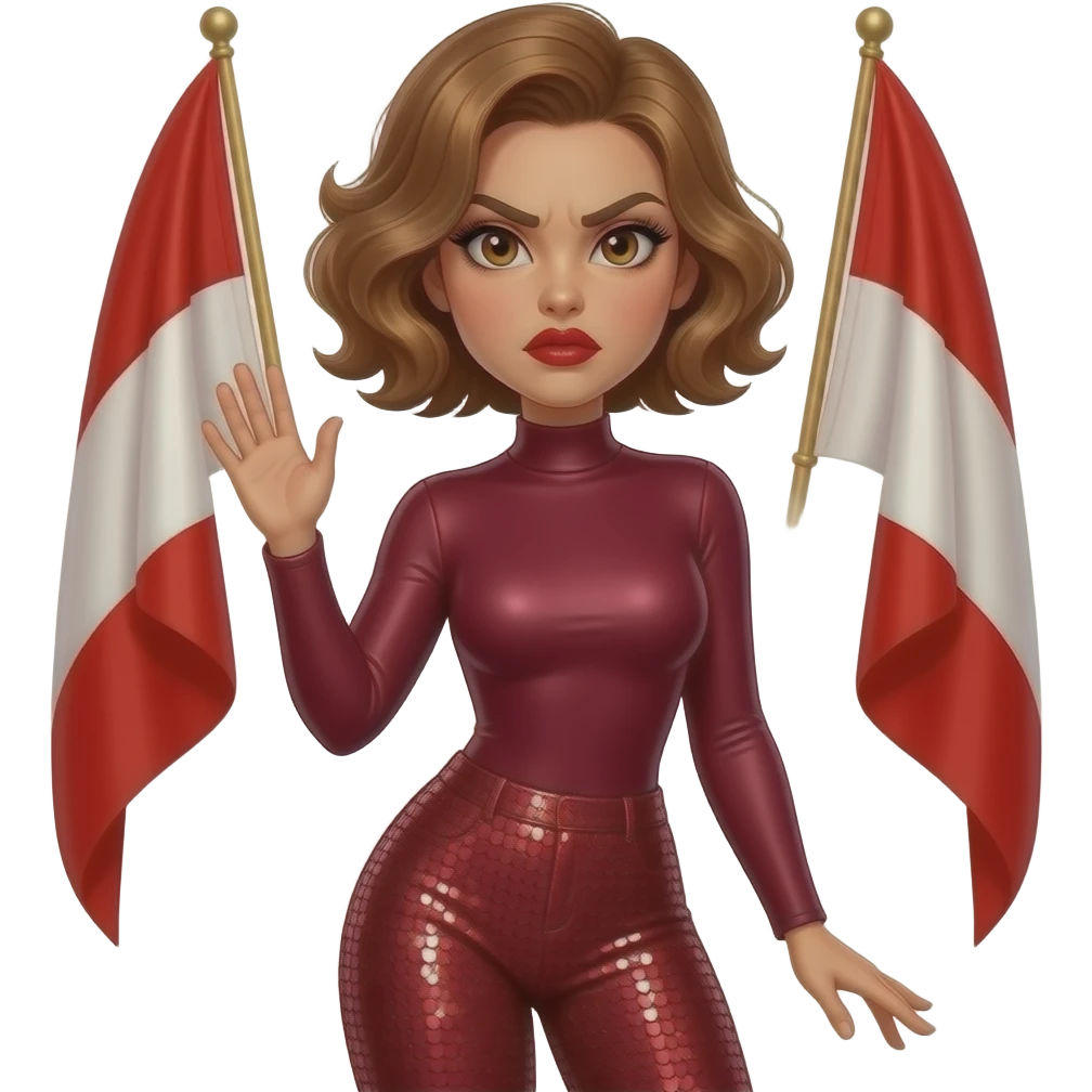 glamours,-tanned,-very-beautiful-woman-with-big-plump-red-lips,-long-lashes,-honey-silky-very short- hair,-wavy-hair,-hazel-eyes- wearing-Burgundy-Long-sleeved-bodysuit-Burgundy- sequinned-pants-Her-eyes-sparkle-and-she-is-frowning.-Hand-up-waving-two-giant-Red-Flag. emoji