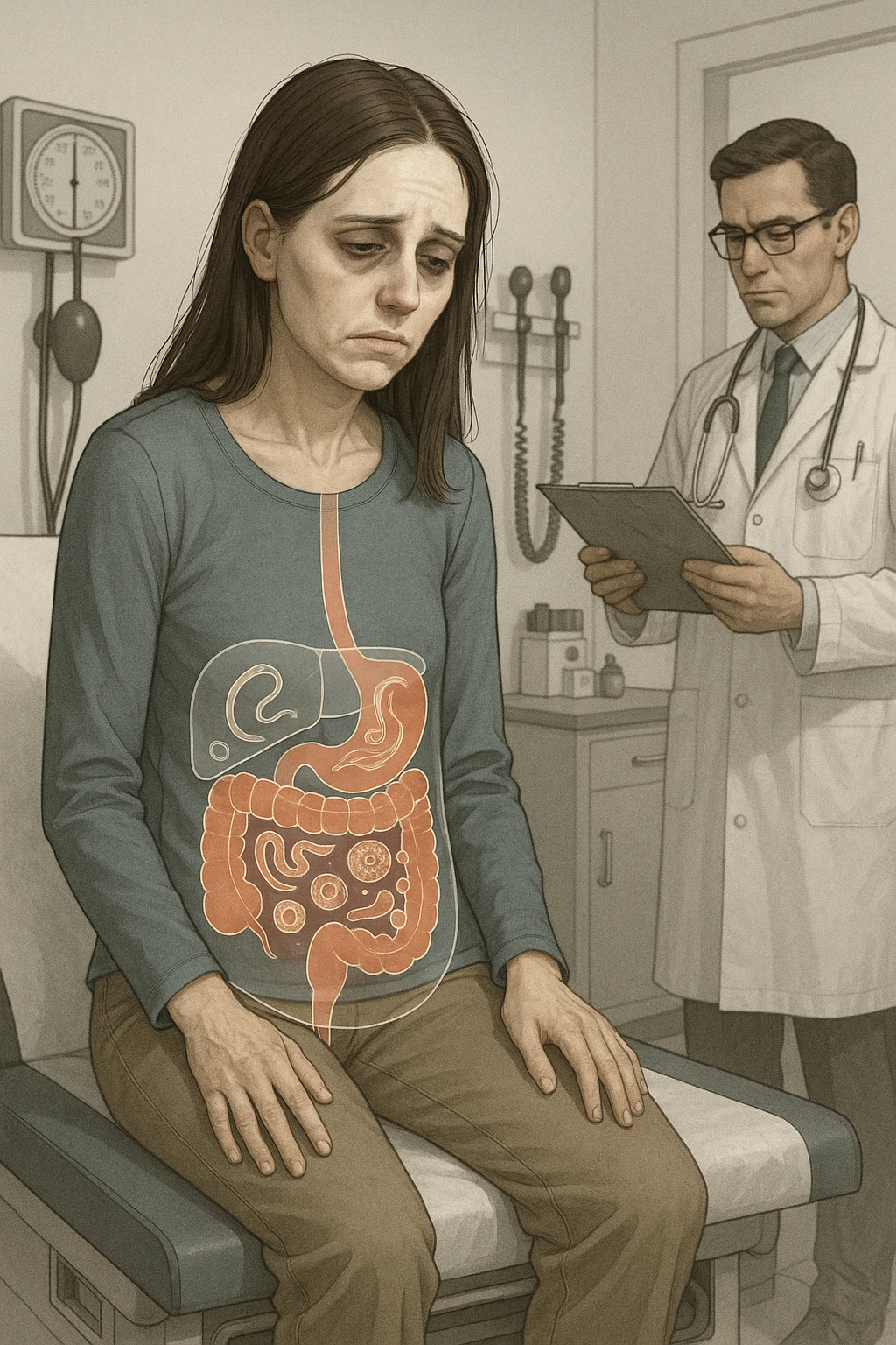a woman in her 30s sits slumped on a doctor’s examination table, her face pale and eyes sunken with deep fatigue. A transparent overlay on her abdomen reveals stylized images of internal parasites, such as worms or protozoa, inside her digestive tract. The doctor stands nearby, reviewing medical charts. The mood is clinical and educational. emoji