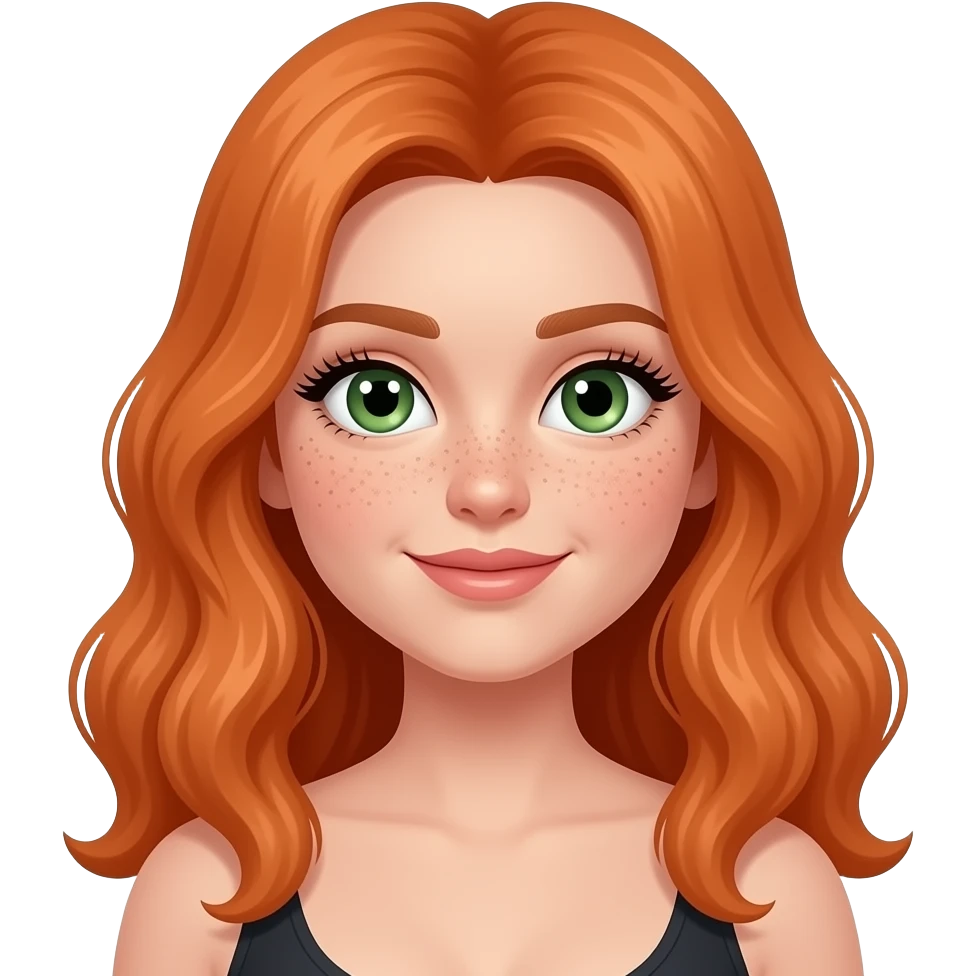 ponle ojos verdes Pelo naranga pecas y pestañas largas, pelo esponjado y onduado, Y que. tenga un busto grande emoji