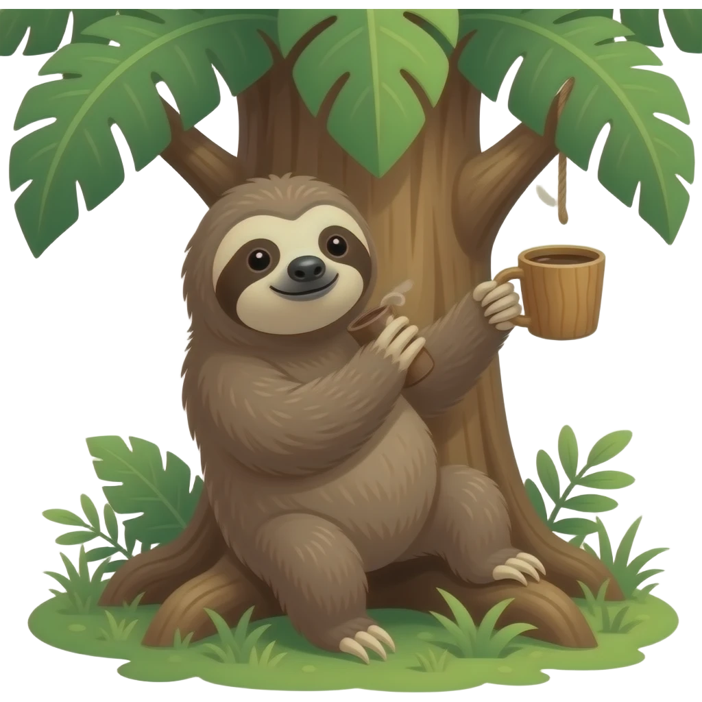sloth on big jungle tree drink coffee wooden cup hanging emoji