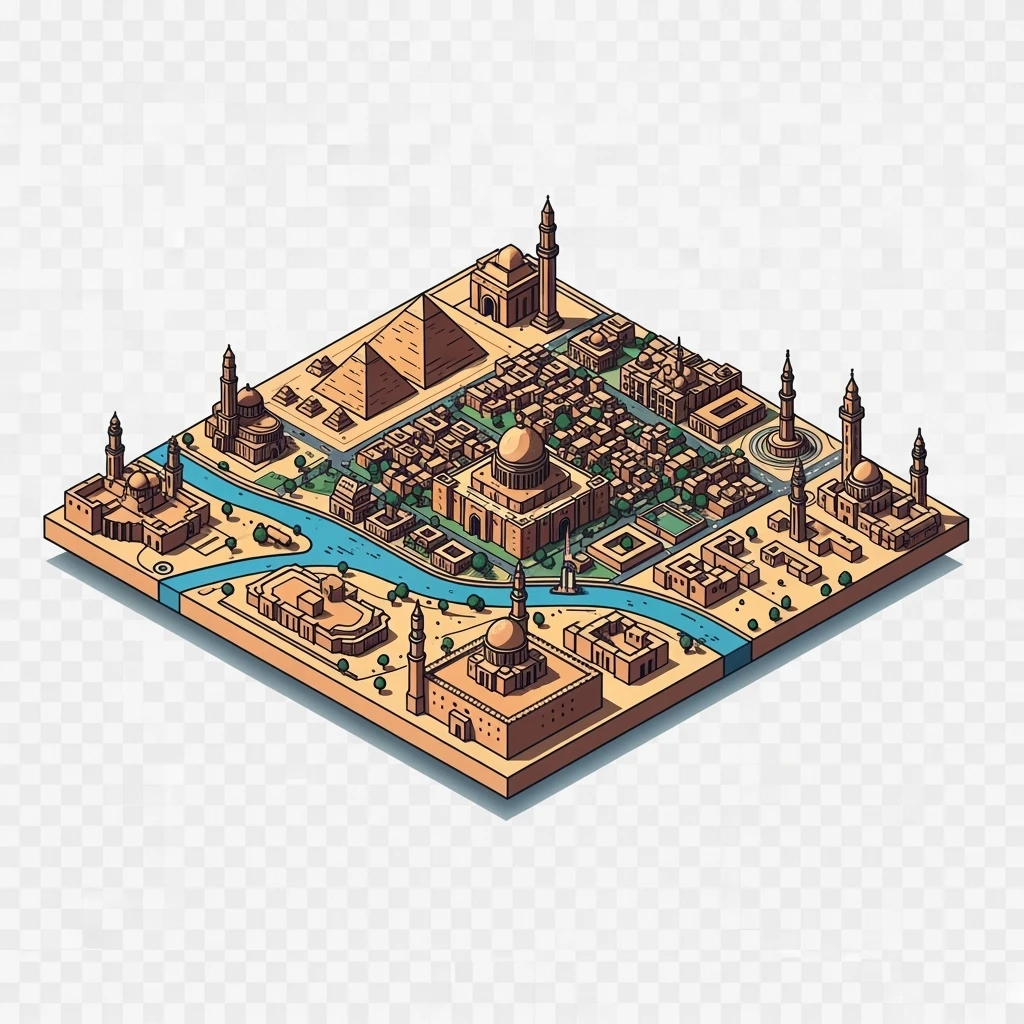 Isometric minimalistic illustration of Cairo, subtle 3D miniature effect and Tilt Shift effect, no cartoonish look, transparent background. emoji